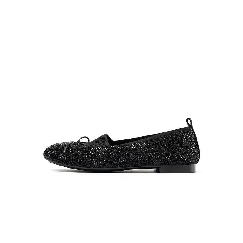 Rhinestone Bow Knit Round Toe Ballet Flats - Black