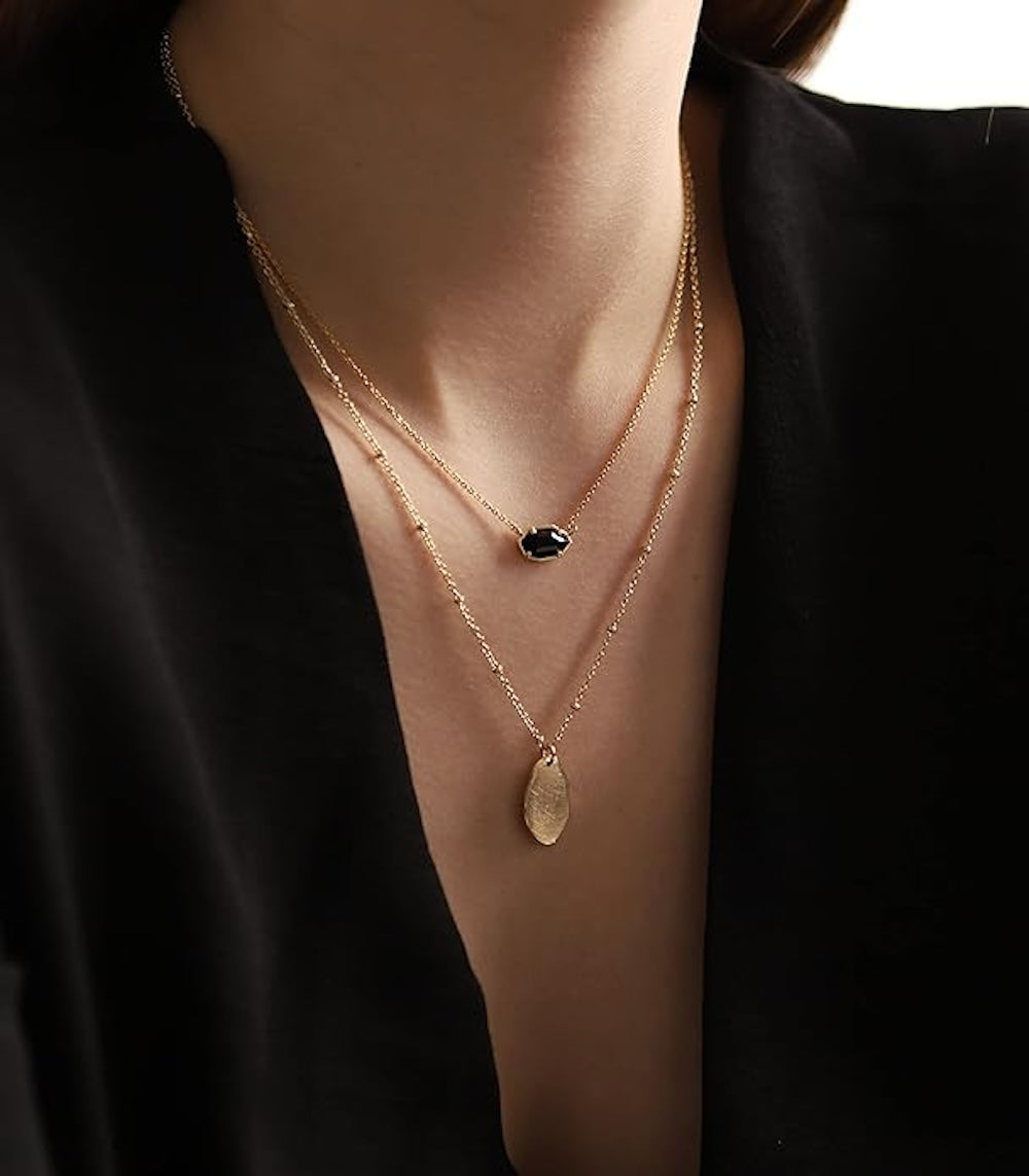 Liv Oliver 18K Gold Black Geometric Layer Necklace