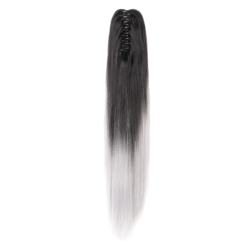 Two Tone Ombre High Grade Silver Gray Straight Clip On Pony Tail 24" Hair Clamp