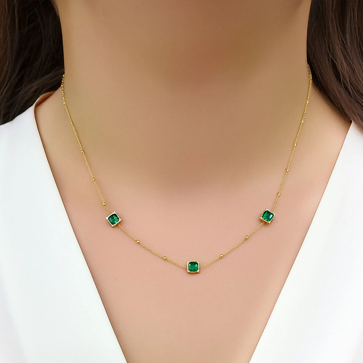 Bullion Gold Square Bezel Station Necklace in Emerald Green
