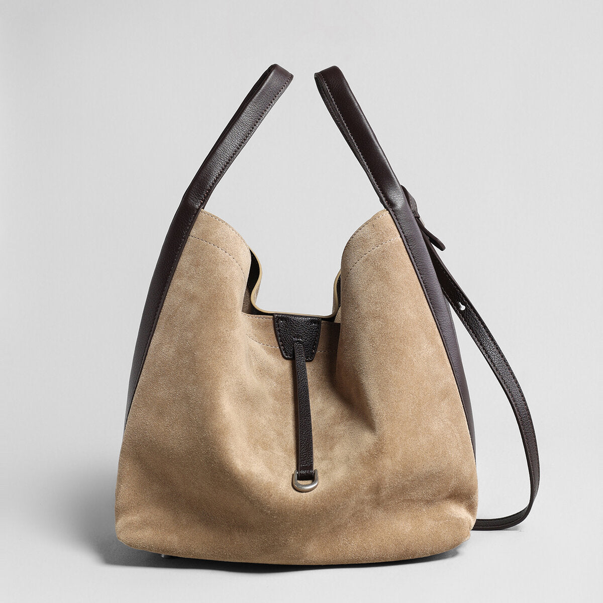 Suede Leather Slouchy Triangle Hobo Bag - Oat