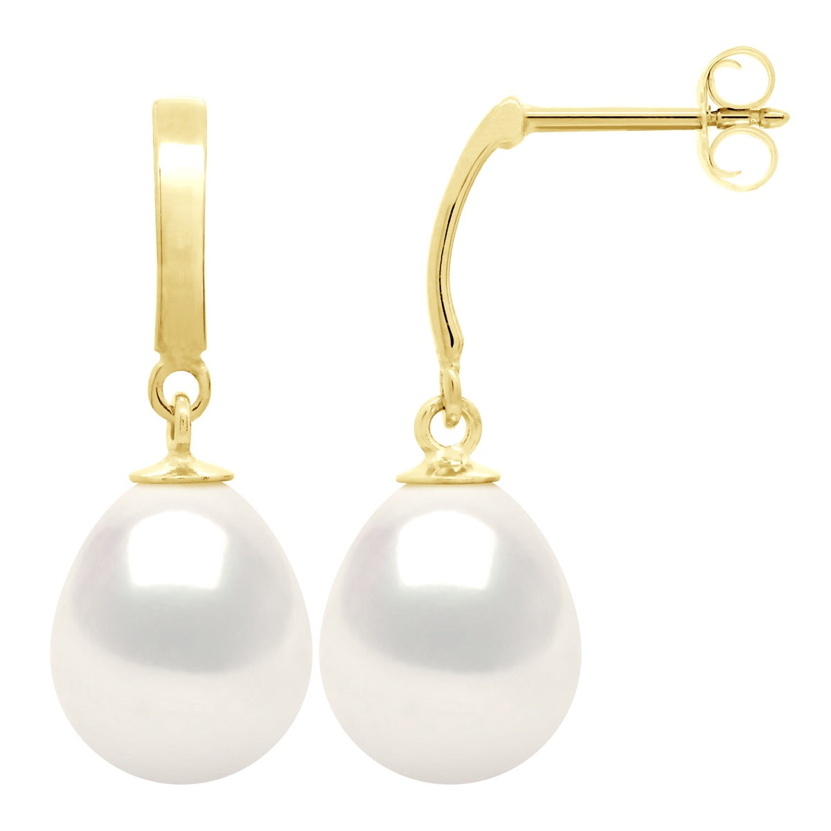 Earrings In Yellow Gold 375 and Real Cultured Freshwater Pearls Pear 10-11 mm - Natural Pearl White - Longueur 42 cm