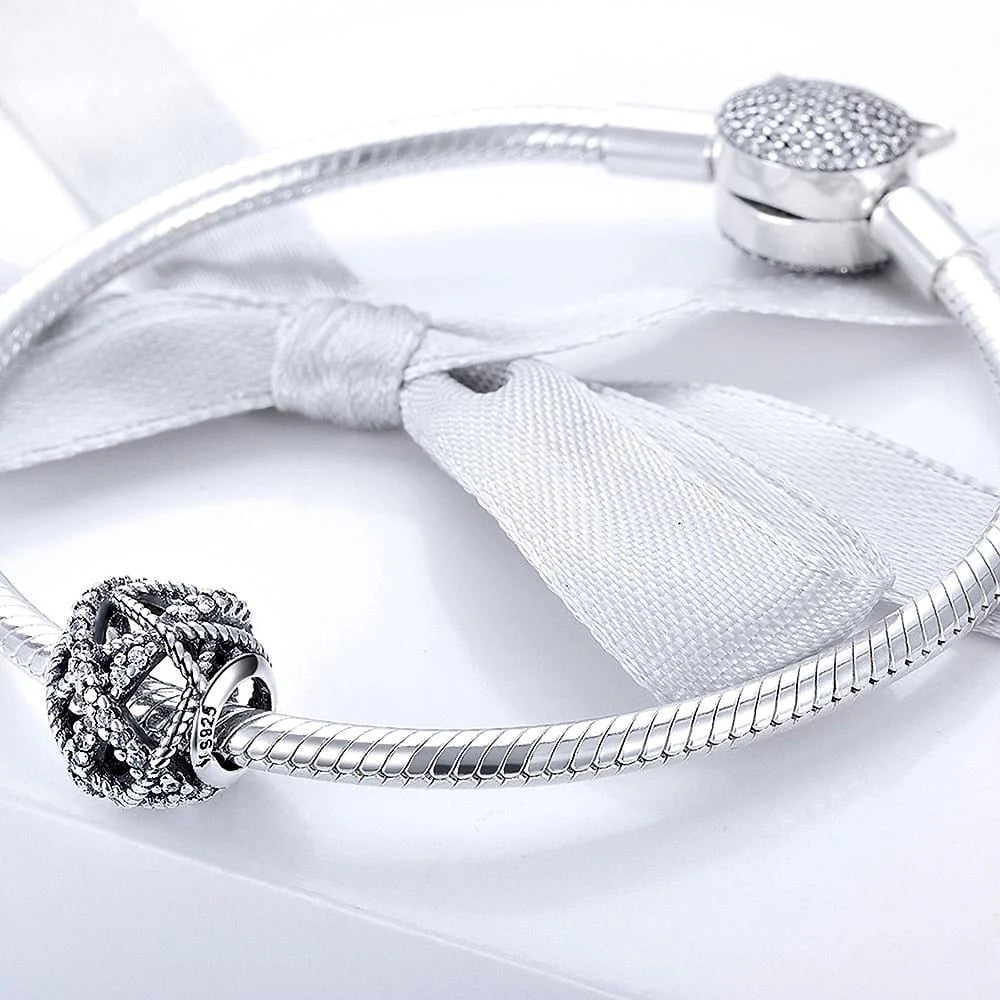 Solid 925 Sterling Silver Twisted Rope CZ Round Charm