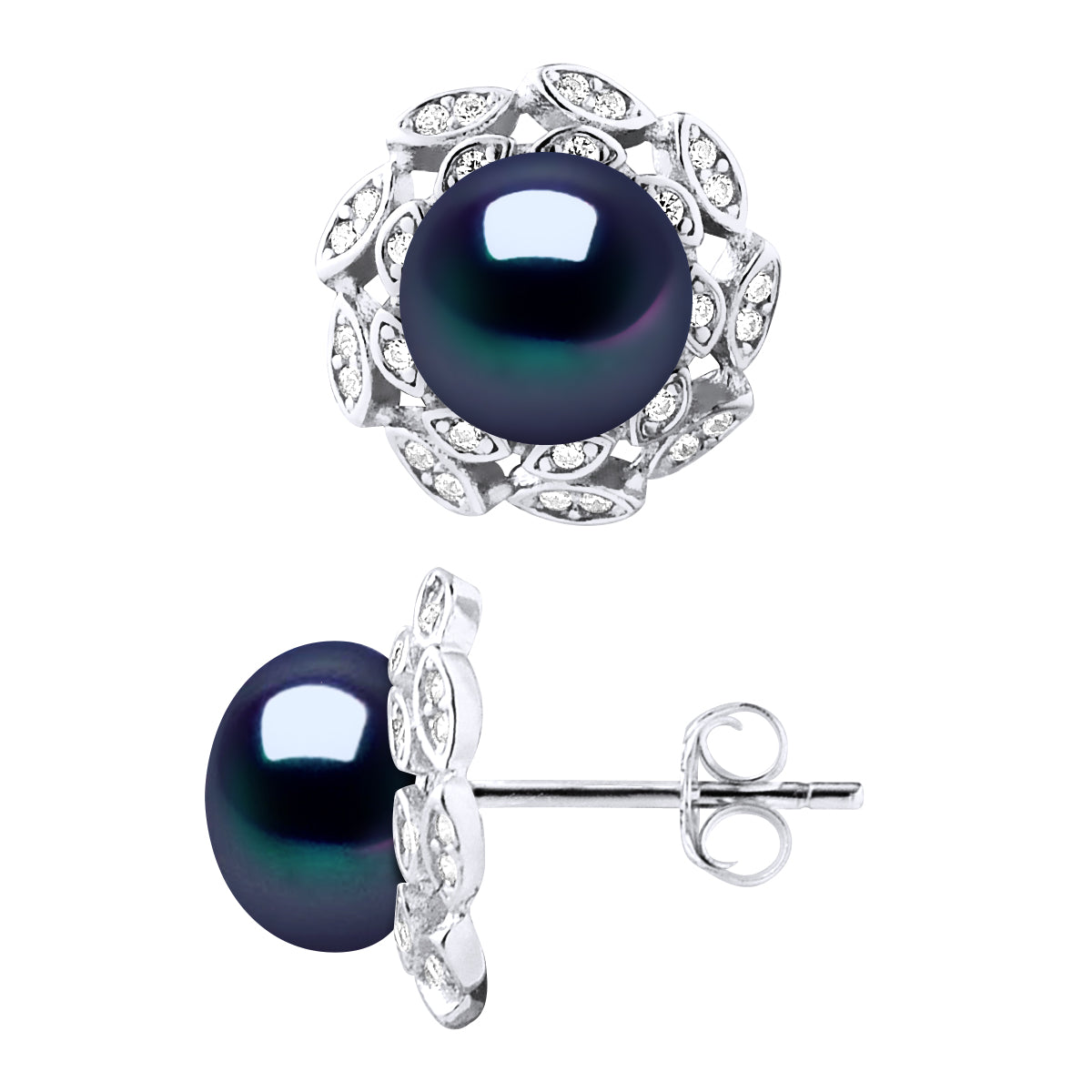 Earrings Real Cultured Freshwater Pearls Button 8-9 mm - Black Tahiti - Longueur 42 cm
