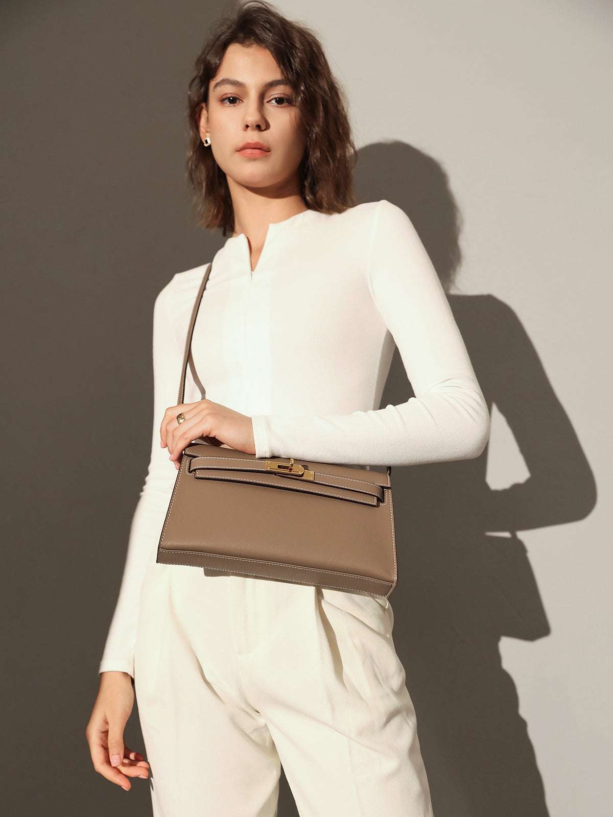 Camille Palm-Grain Calfskin Shoulder Bag - Taupe