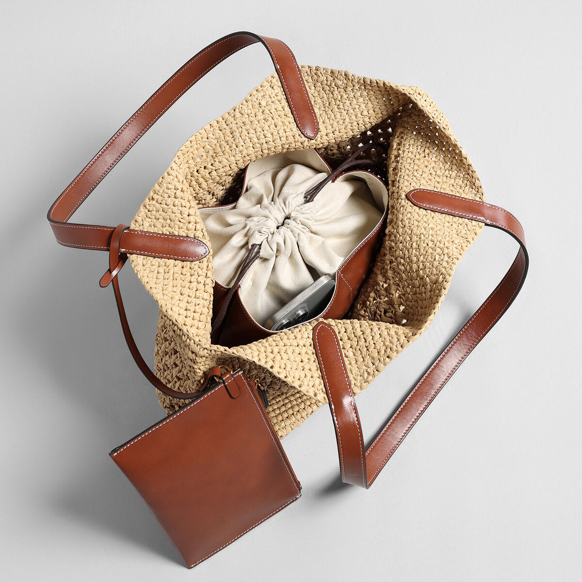 Handwoven Raffia Crochet Tote Bag - Natural