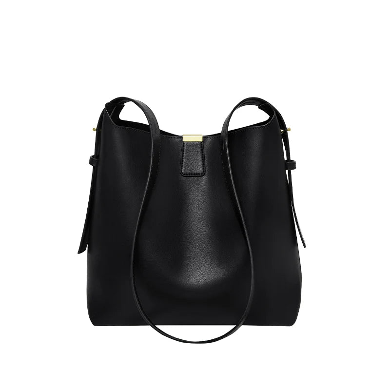 Nalandu Minimalist Genuine Leather Bucket Shoulder Bag - Black