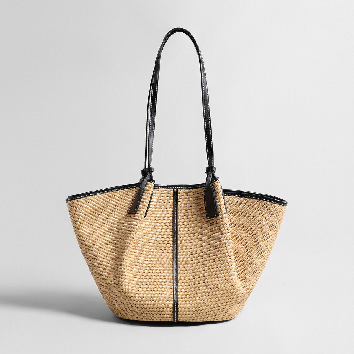 Large Paneled Woven Straw Tote Bag - Natural