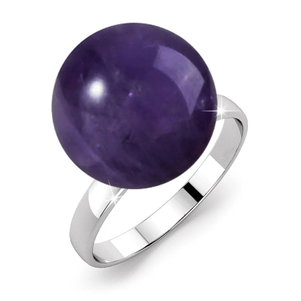 Solid 925 Sterling Silver Spherical Amethyst Gem Ring