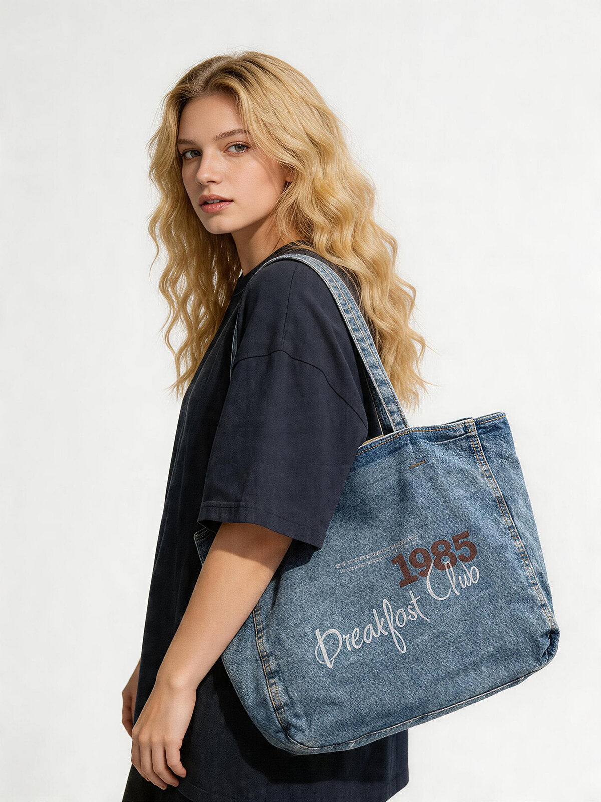 Vintage Washed Denim Large Capacity Tote - Denim