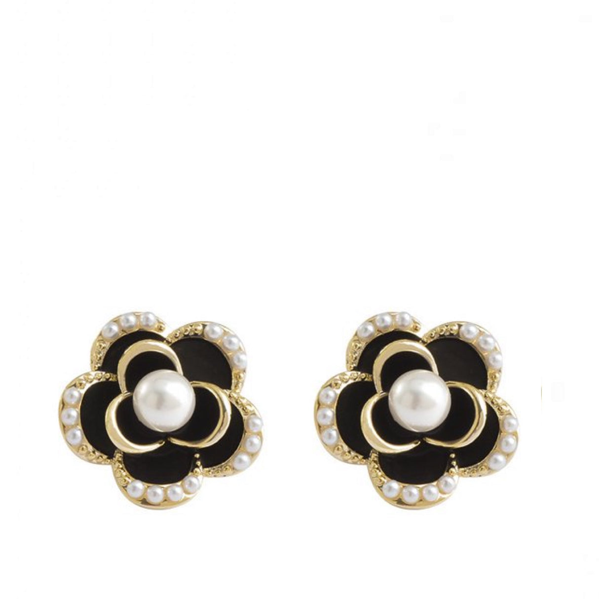 Liv Oliver 18K Gold Black & White Rose Stud Earrings