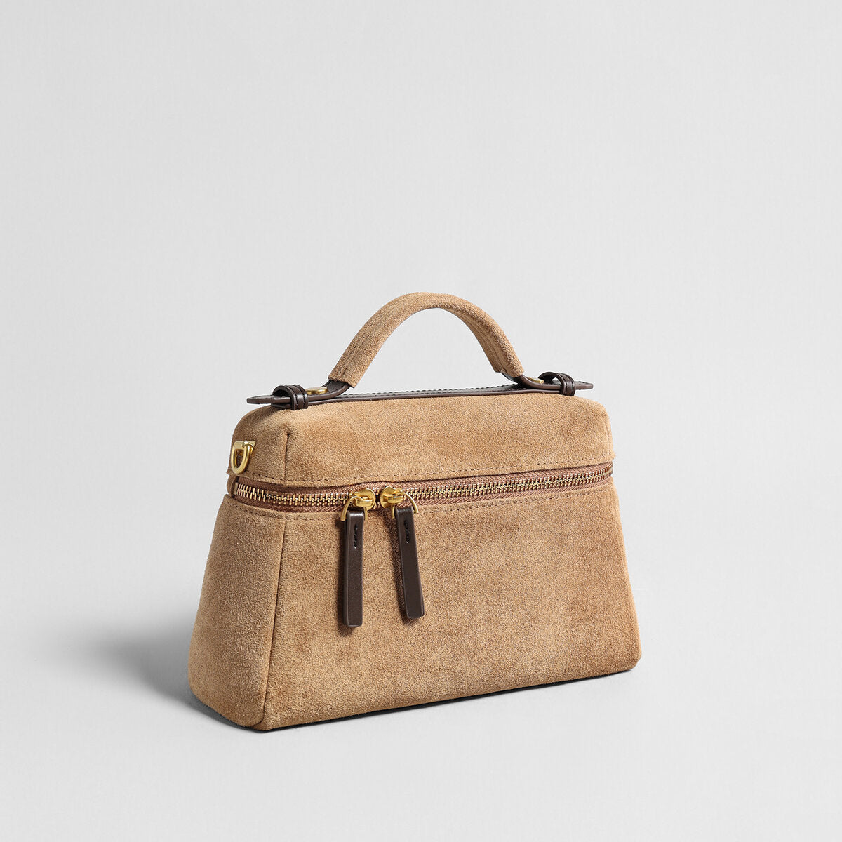 Suede Leather Structured Shoulder Bag - Camel