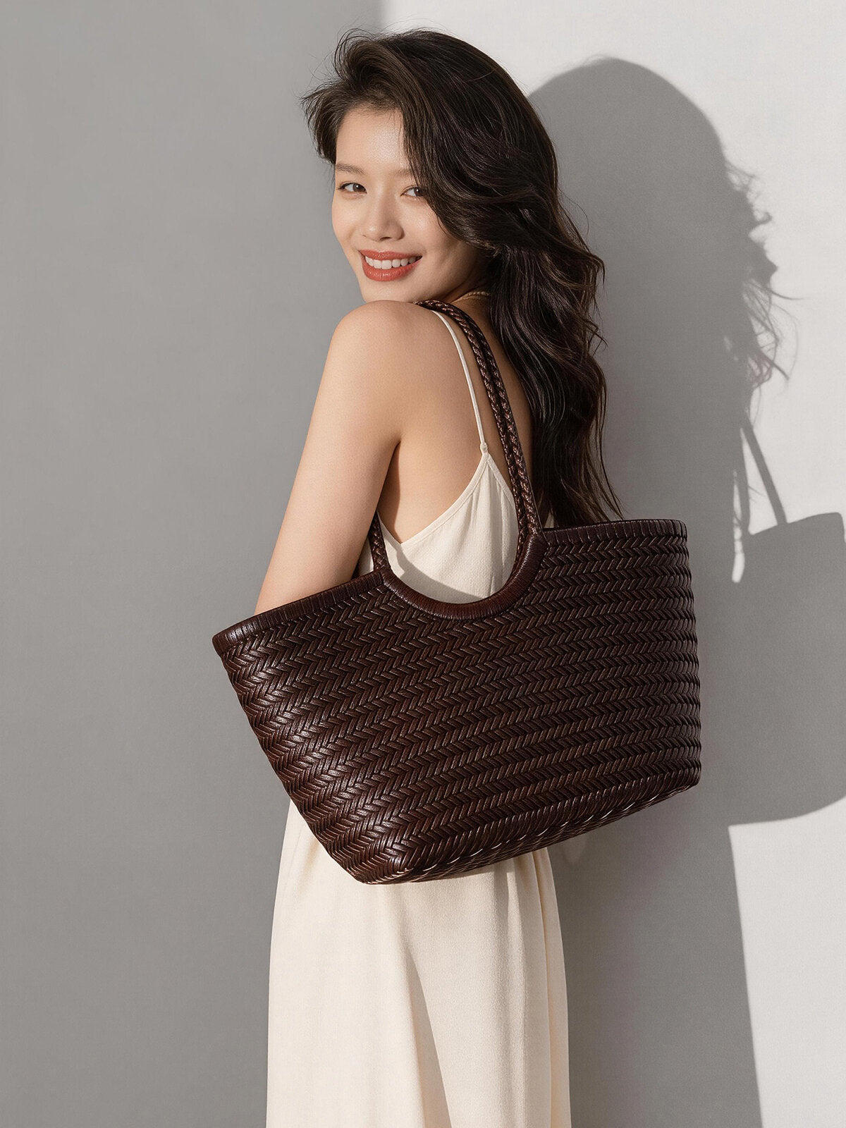 Handwoven Leather Herringbone Basket Tote Bag - Chocolate
