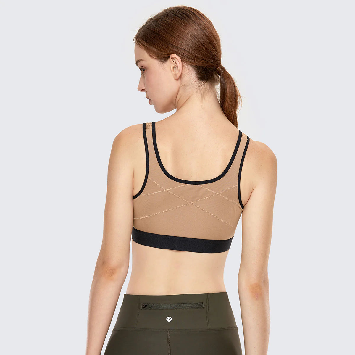Full Length Zip Front Wireless Racerback Sports Bra - Nude