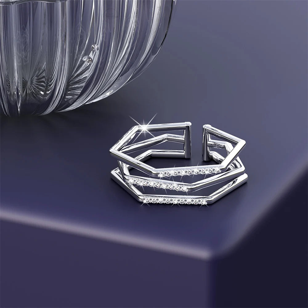 Adjustable Solid 925 Sterling Silver Clara Geometric Angular Stacking Ring