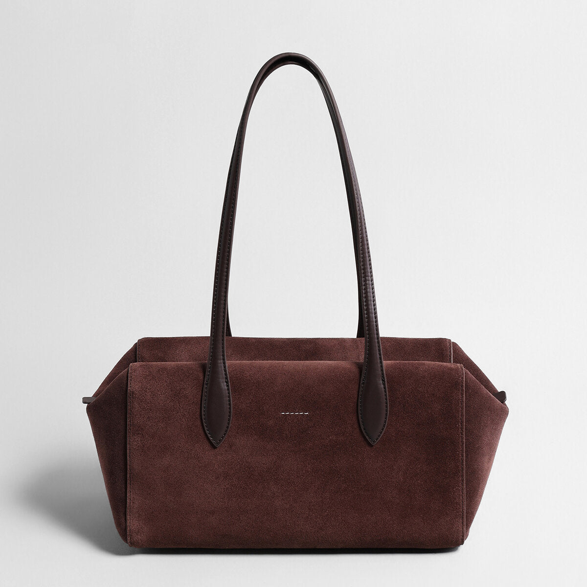 Suede Leather Structured Pillow Tote Bag - Chocolate