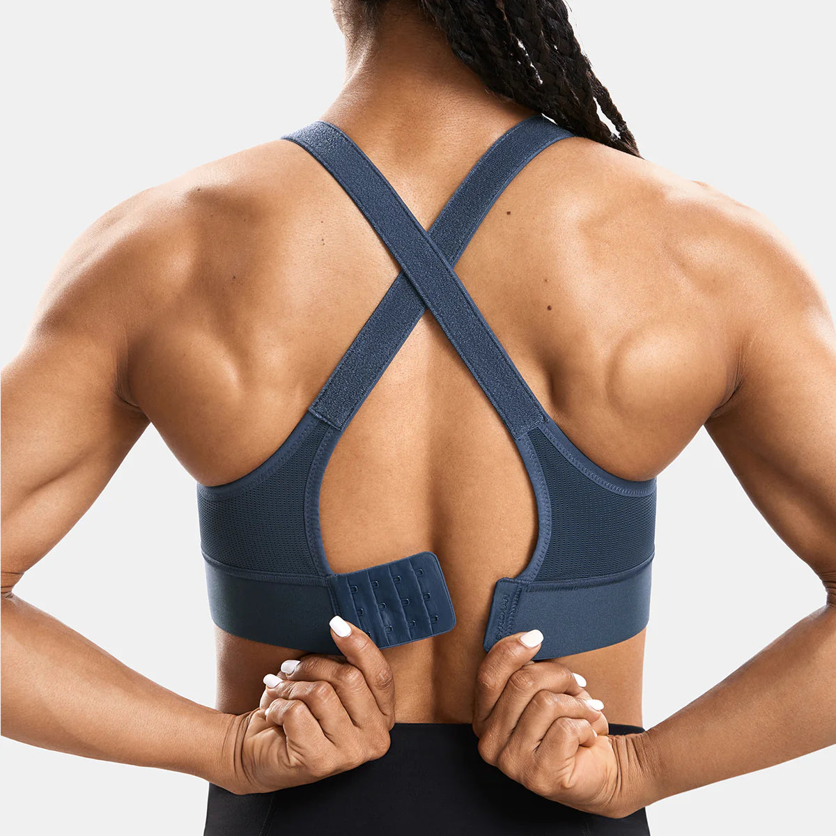 Zip Front Large Padded High Impact Sports Bra - Navy