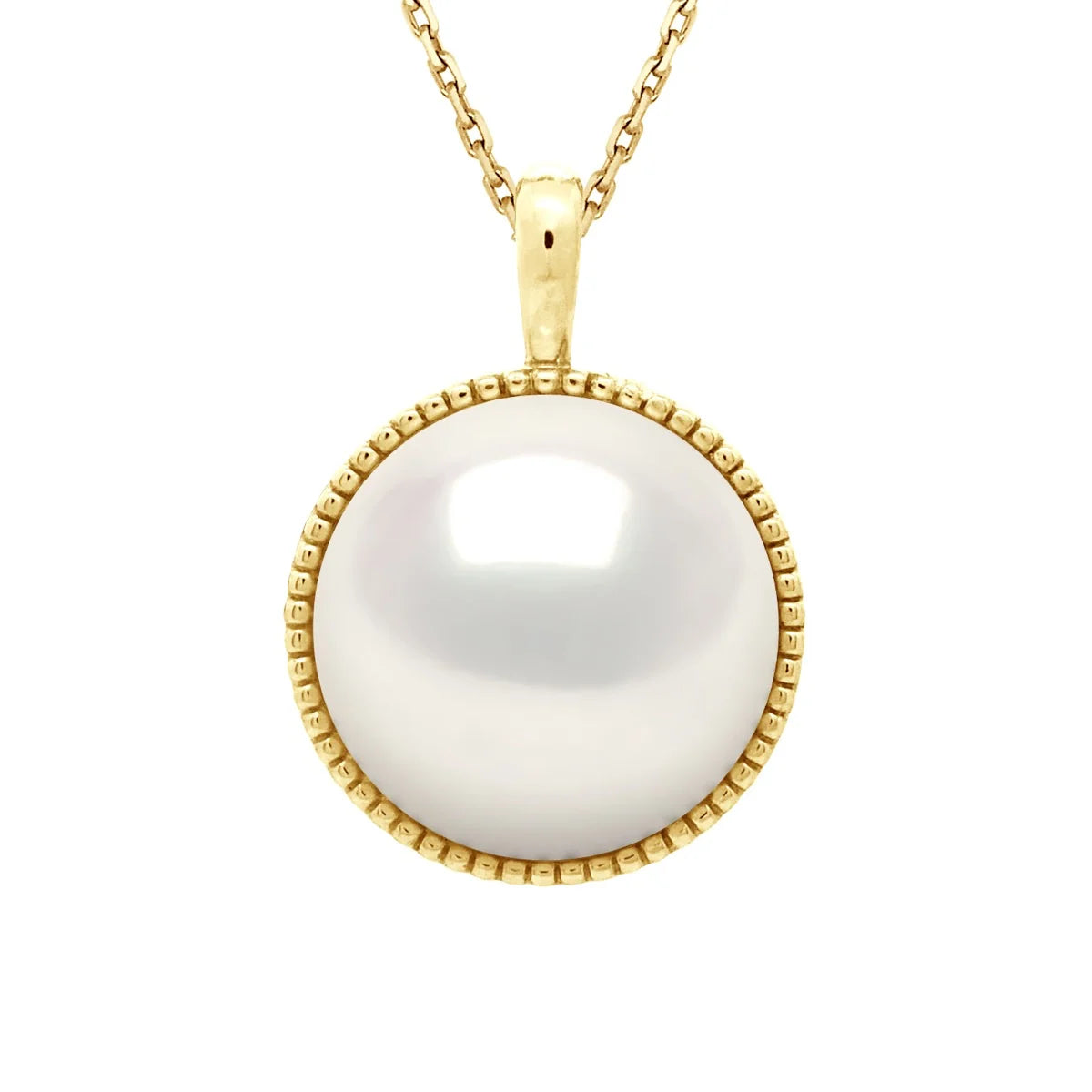 Pendant Halo Button Freshwater Pearl White Yellow Gold