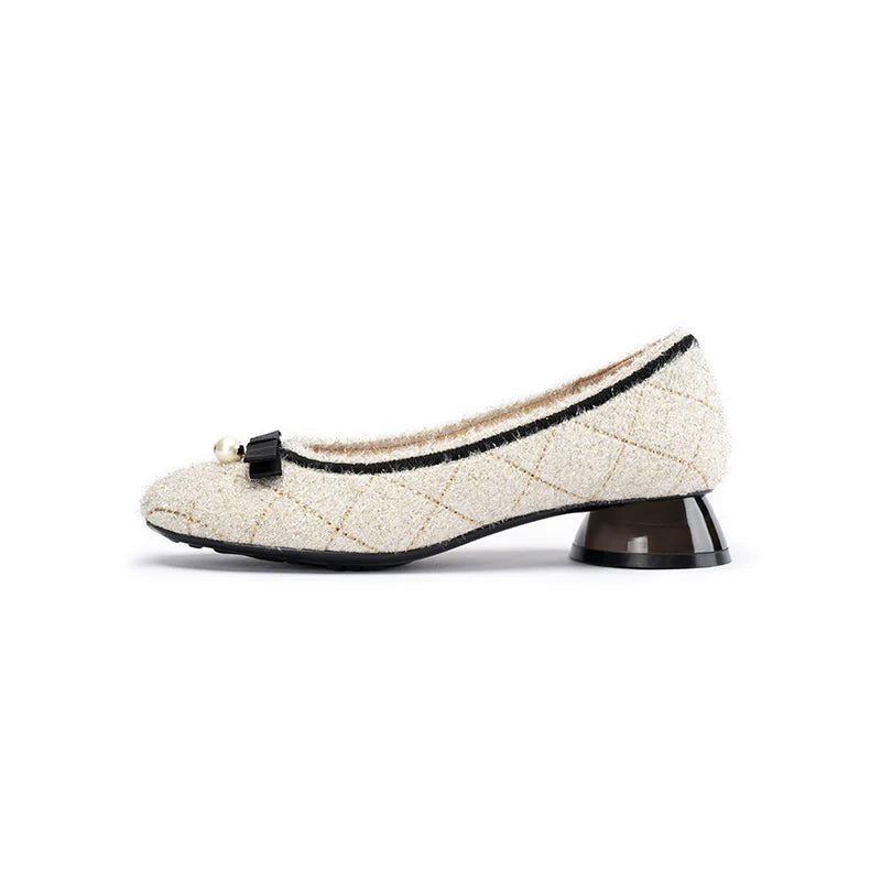 Classic Bow Tweed Quilted Pumps - Ivory
