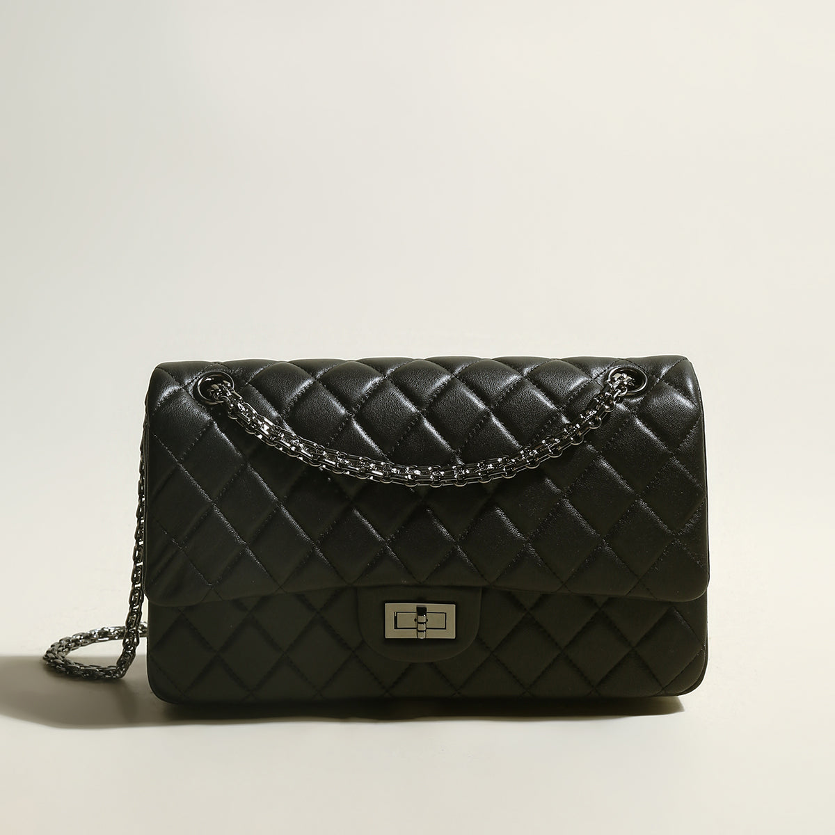 Black Quilted Caviar Leather Flap Shoulder Bag - Black