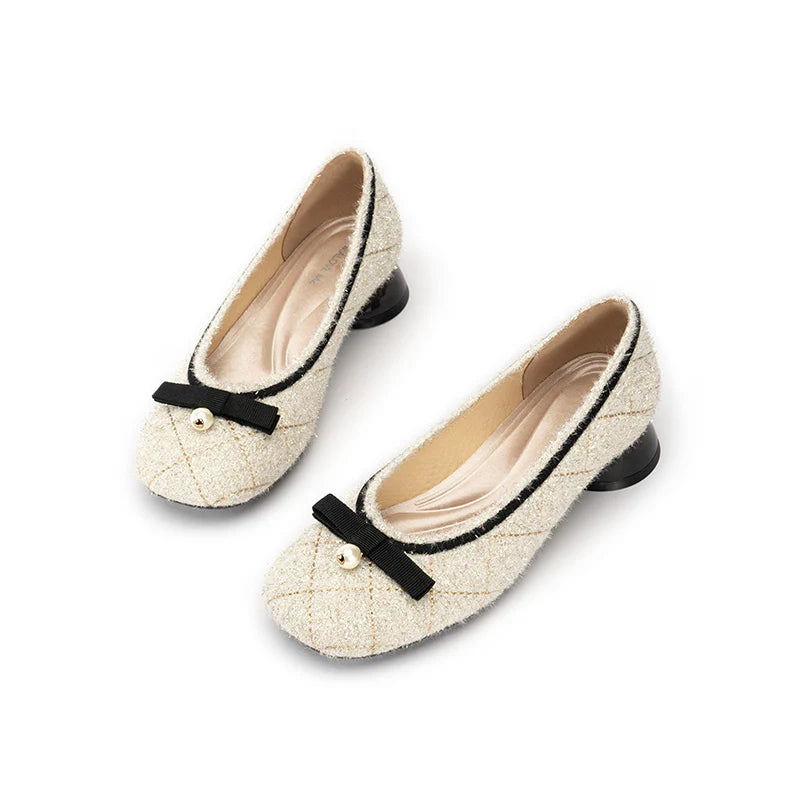 Classic Bow Tweed Quilted Pumps - Ivory