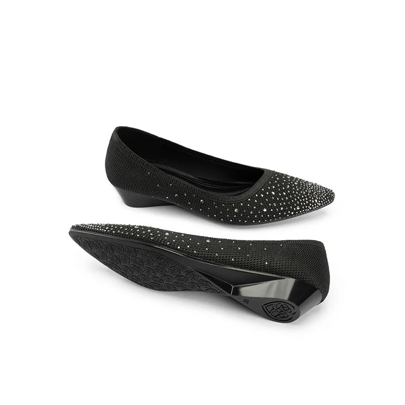 Rhinestone Gradient Knit Pointed Toe Wedge Flats - Black