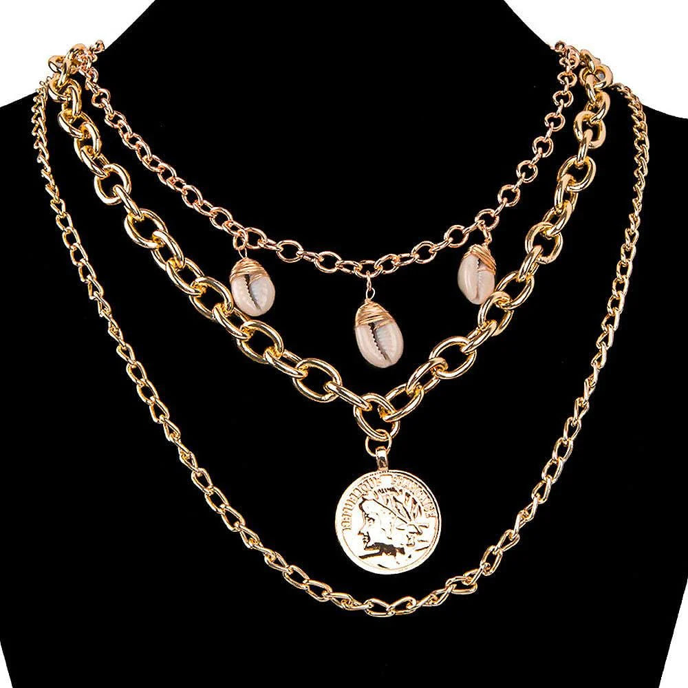 Multilayer 3 Piece Beach Inspired Seashell Charm Layering Gold Necklace
