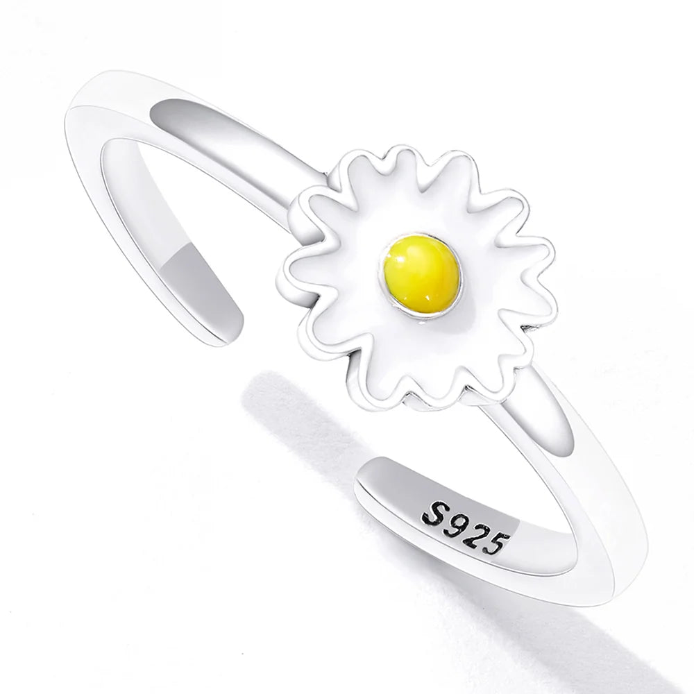 Adjustable Solid 925 Sterling Silver Sunny-Side Up Daisy Ring