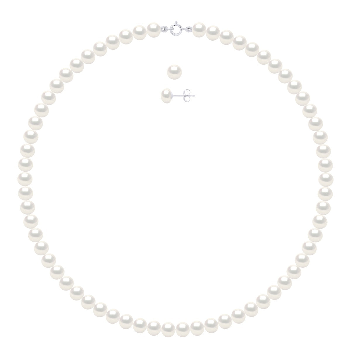 Set Being Composed of : Necklace of Real Cultured Freshwater Pearls Semi Round 6-7 mm with Spring Ring Clasp In Silver 925 - Natural Pearl White - Length Necklace 42 cm