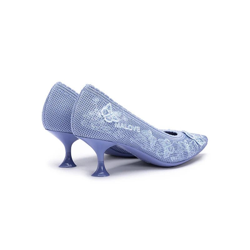Floral Butterfly Pointed Toe Kitten Heels - Blue