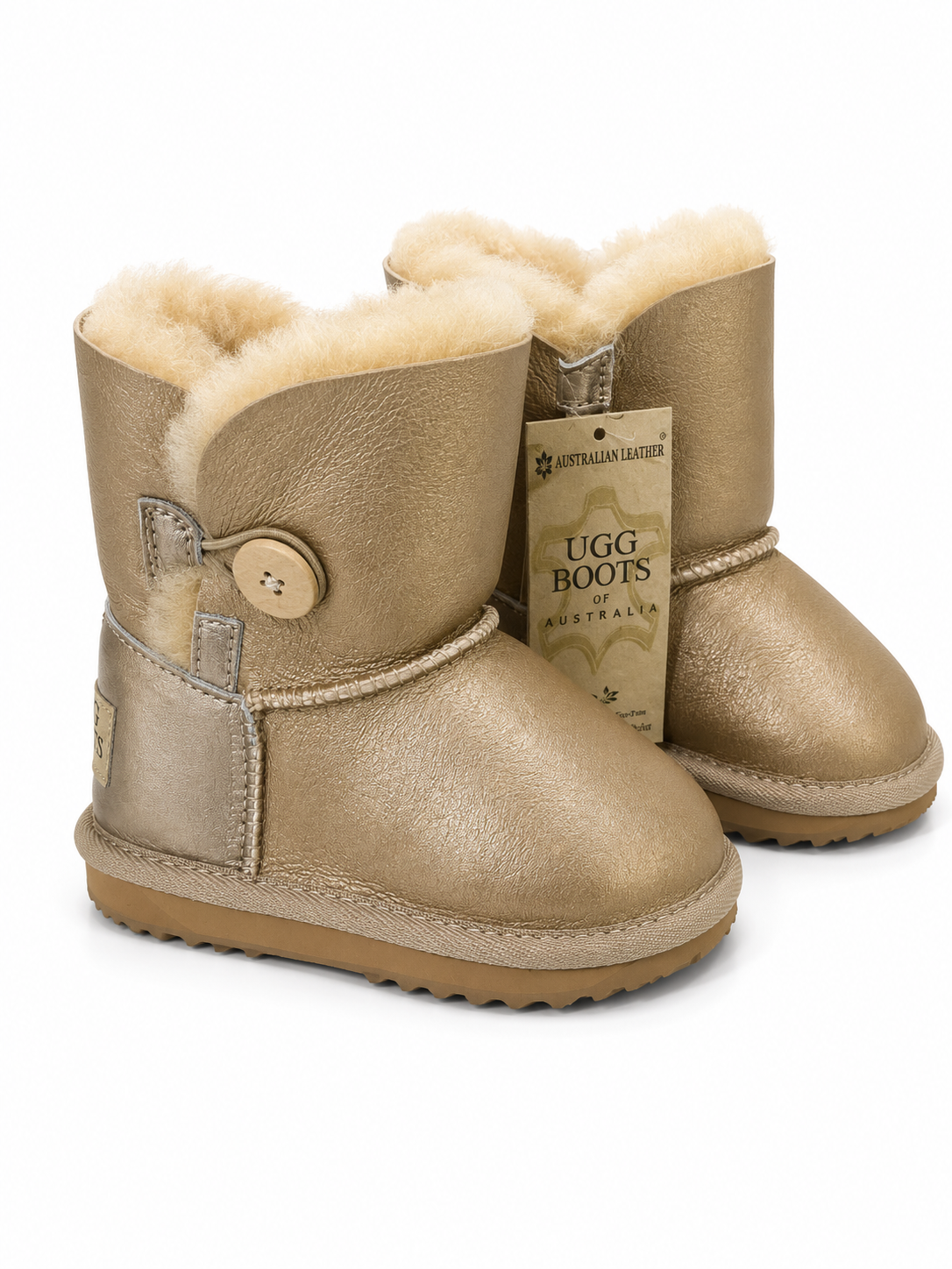 Australian Leather Ugg Kids 1Button Leather Short - Gold - AU13 - 1