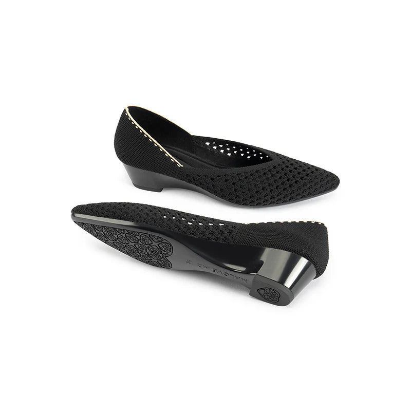 Open Weave Pointed Toe Wedge Work Shoes - Black