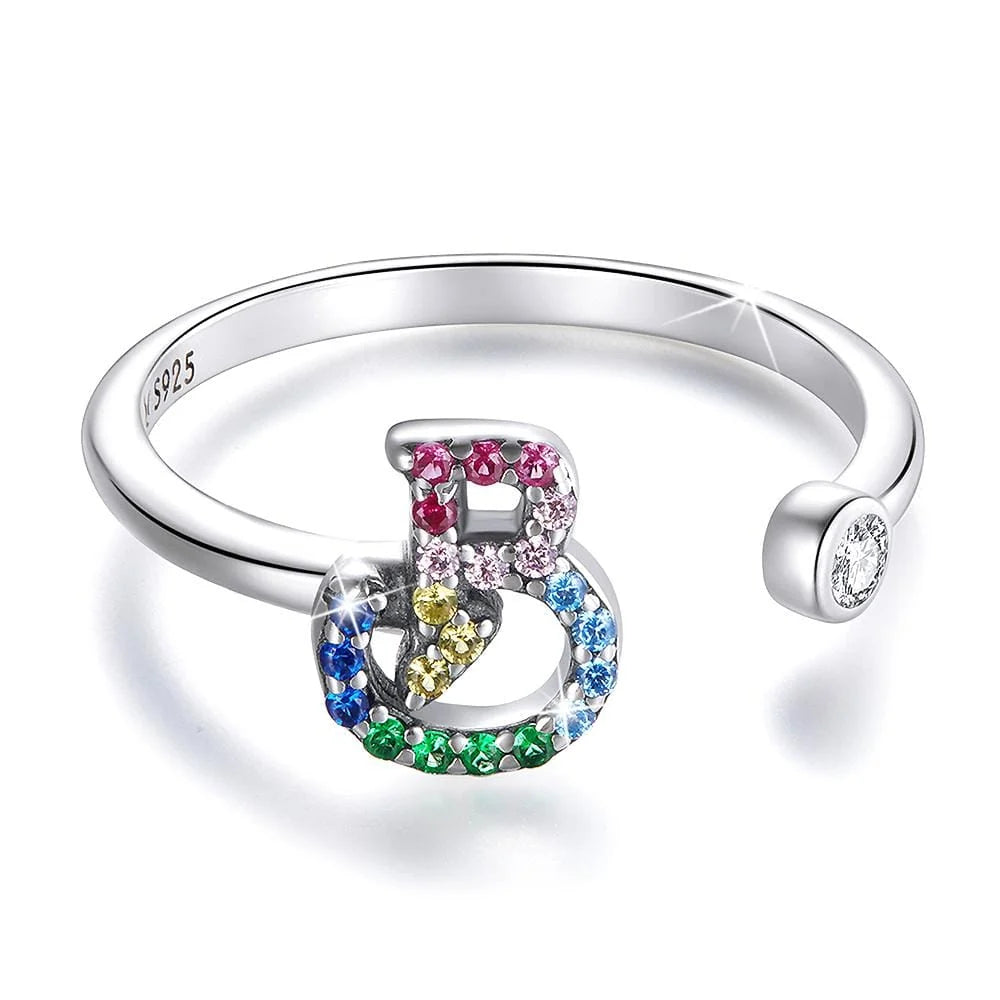 Adjustable Solid 925 Sterling Silver Colourful Rainbow Alphabet Letter Ring