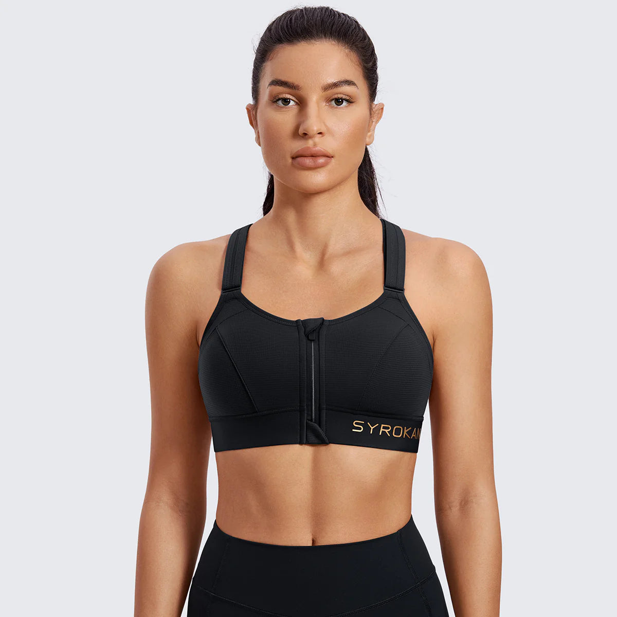 Zip Front Large Padded High Impact Sports Bra - Black