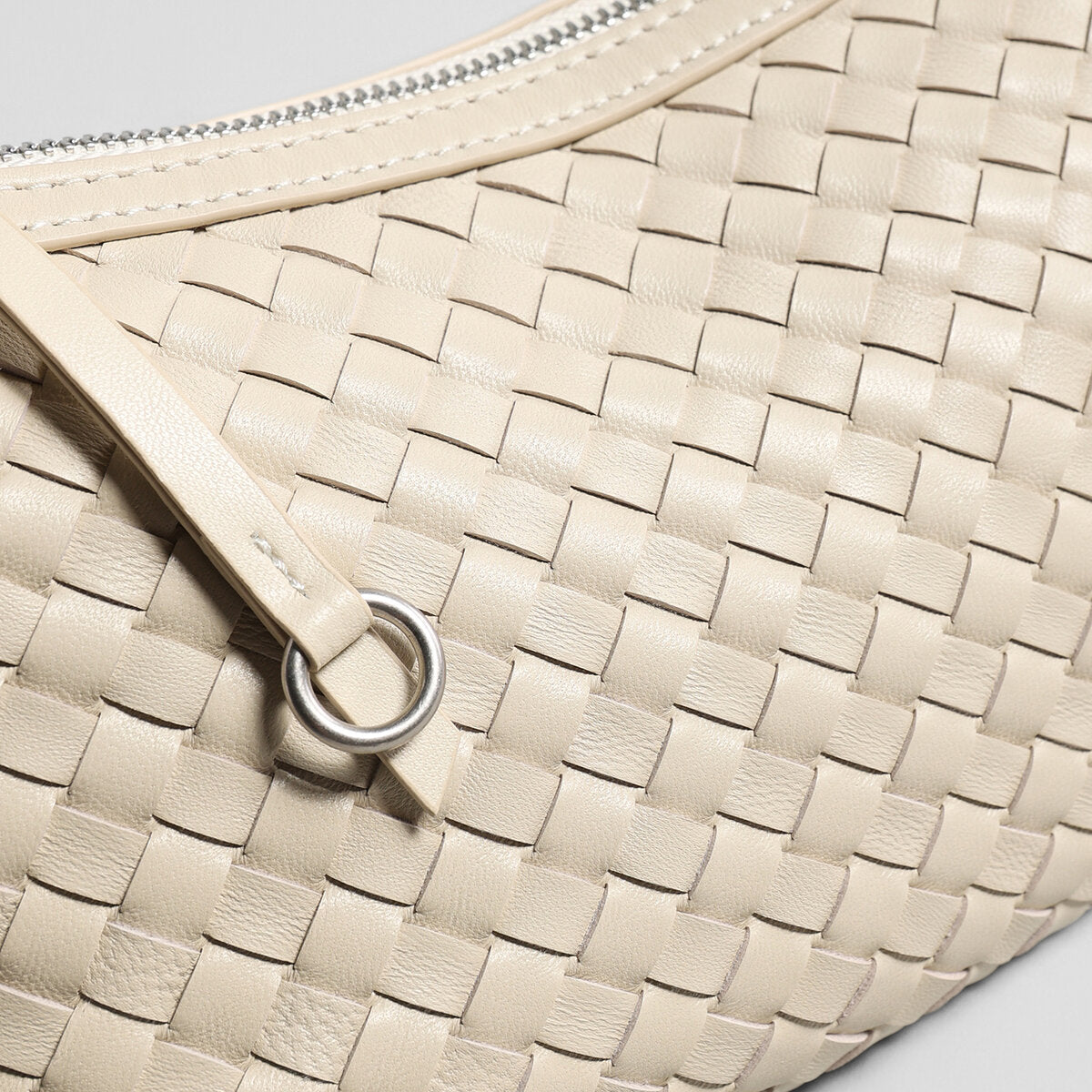 Woven Lambskin Leather Crescent Shoulder Bag - Ivory