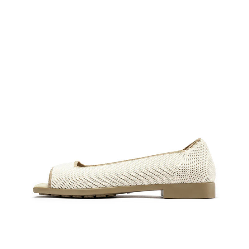 Colorblock Peep Toe Knit Flats - Ivory