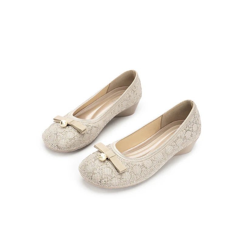 Pearl Bow Czech Crystal Knit Round Toe Wedge Pumps - Ivory