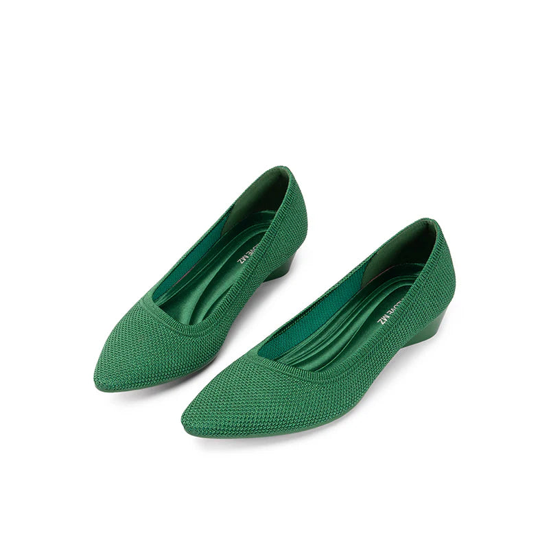Diagonal Cut Knit Pointed Toe Wedge Flats - Green