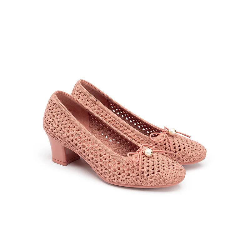 Pearl Bow Mesh Knit Round Toe Pumps - Orange