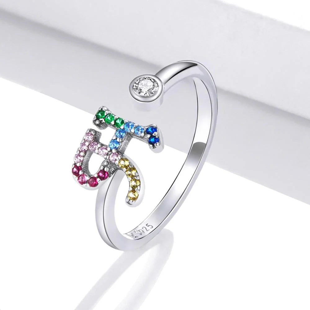 Adjustable Solid 925 Sterling Silver Colourful Rainbow Alphabet Letter Ring