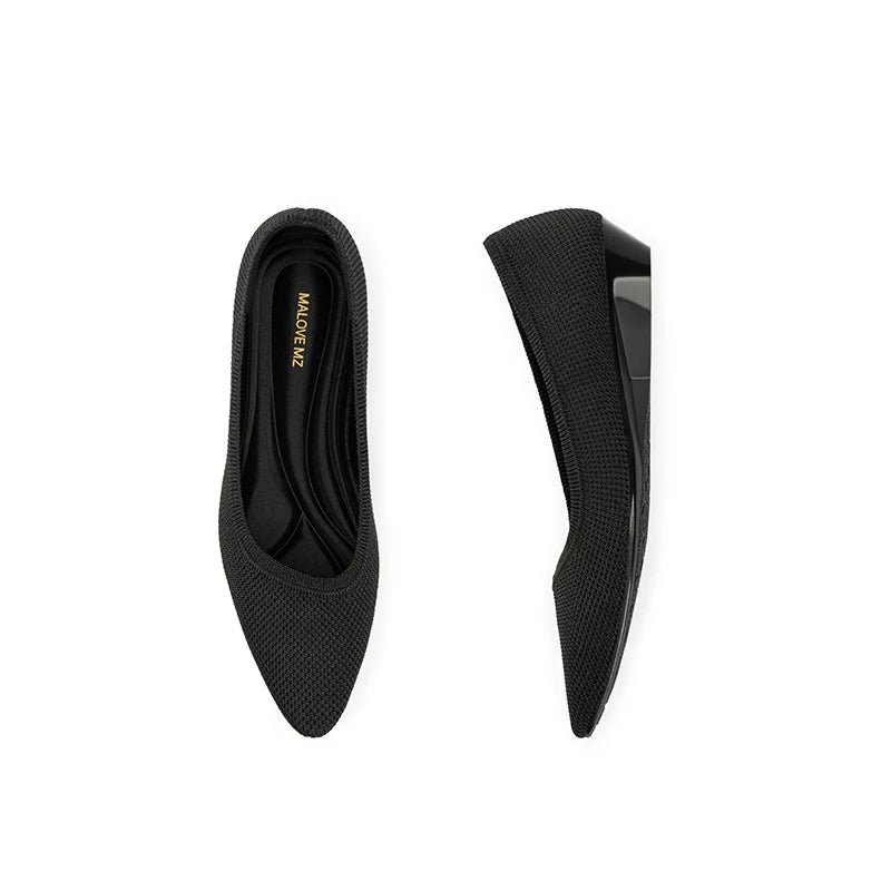 Diagonal Cut Knit Pointed Toe Wedge Flats - Black