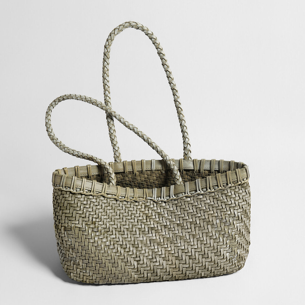 Handwoven Leather Market Basket Tote - Olive