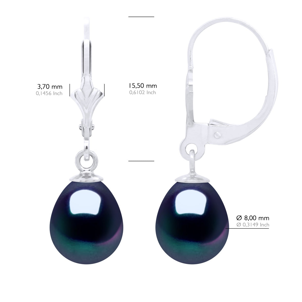 Earrings In White Gold 375 and Real Cultured Freshwater Pearls Pear 8-9 mm - Black "Tahitian Style" - Longueur 42 cm