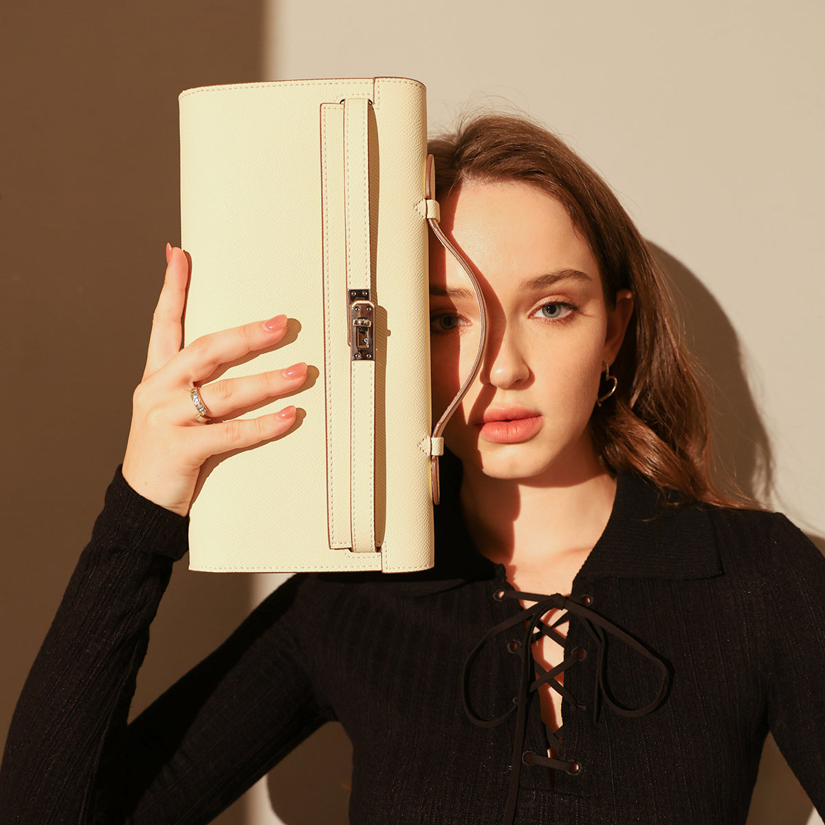 Structured Saffiano Leather Top-Handle Clutch - Ivory
