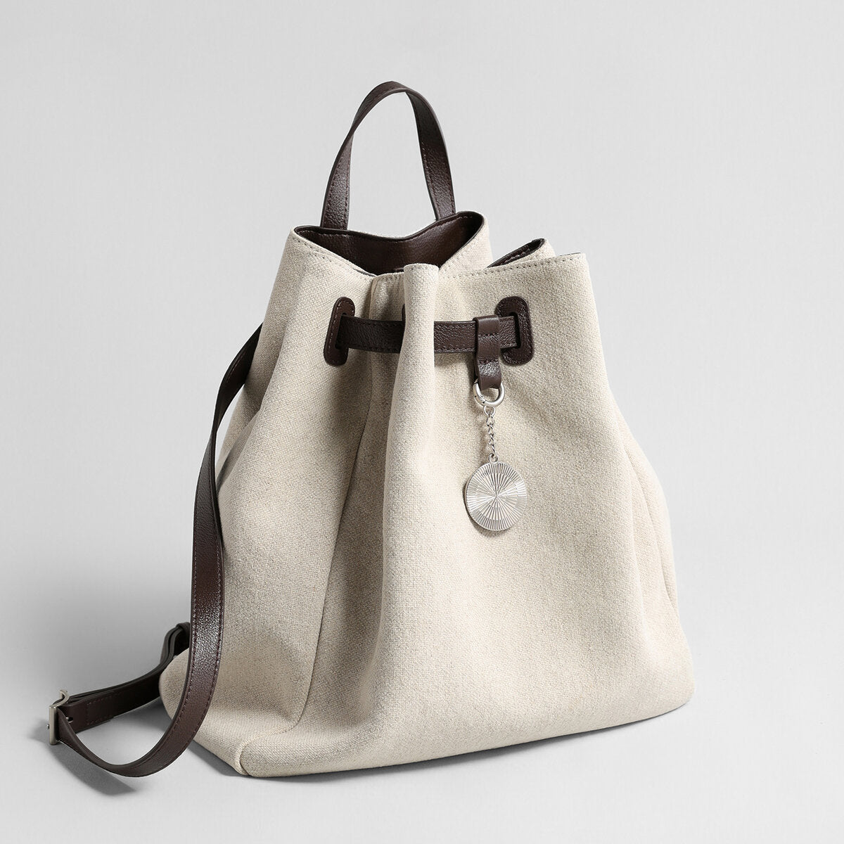 Canvas & Leather Drawstring Bucket Backpack - Ivory