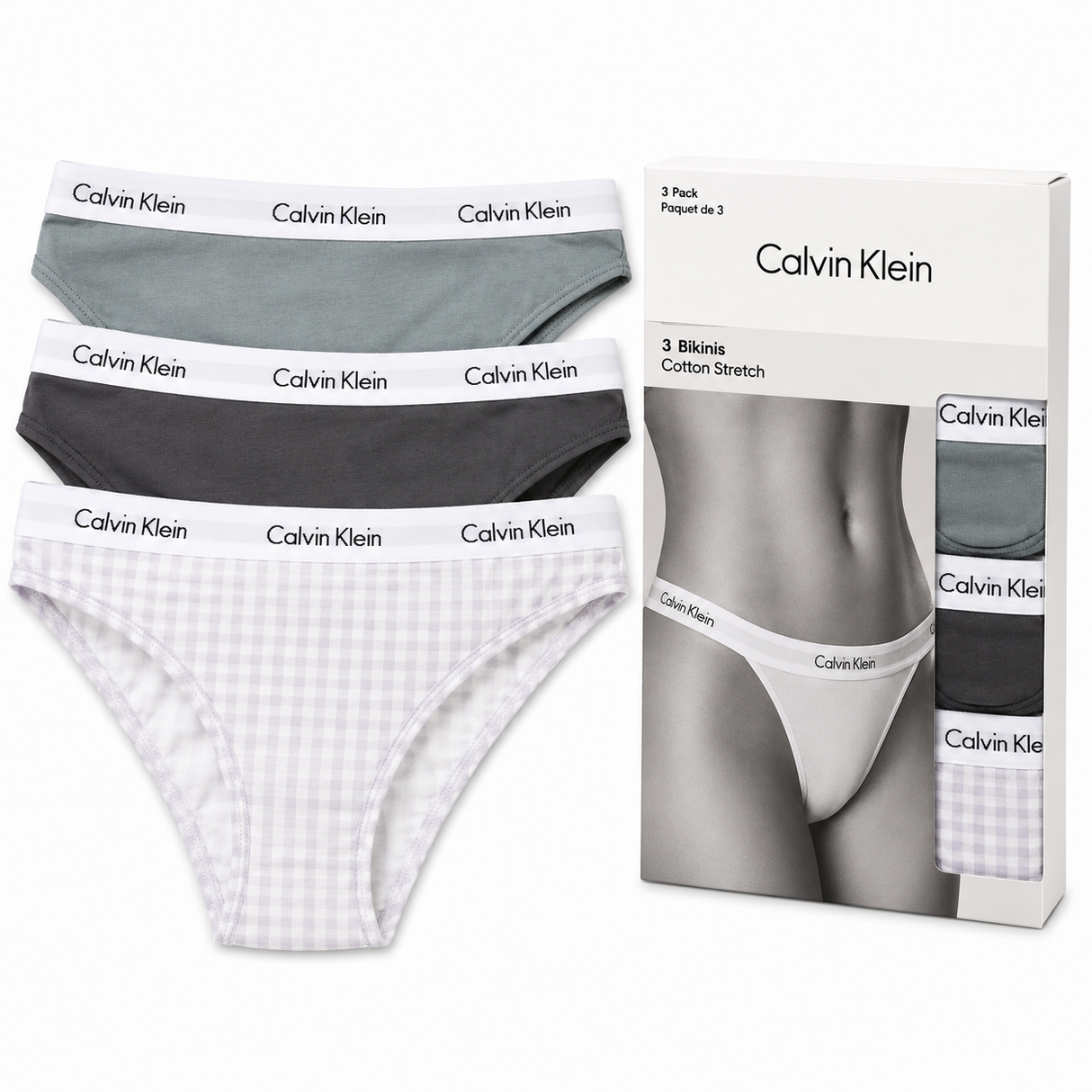 Calvin Klein Women's Carousel 3 Pack Bikini - Wolf Grey/Forged Iron/Gingham Lavender Blue
