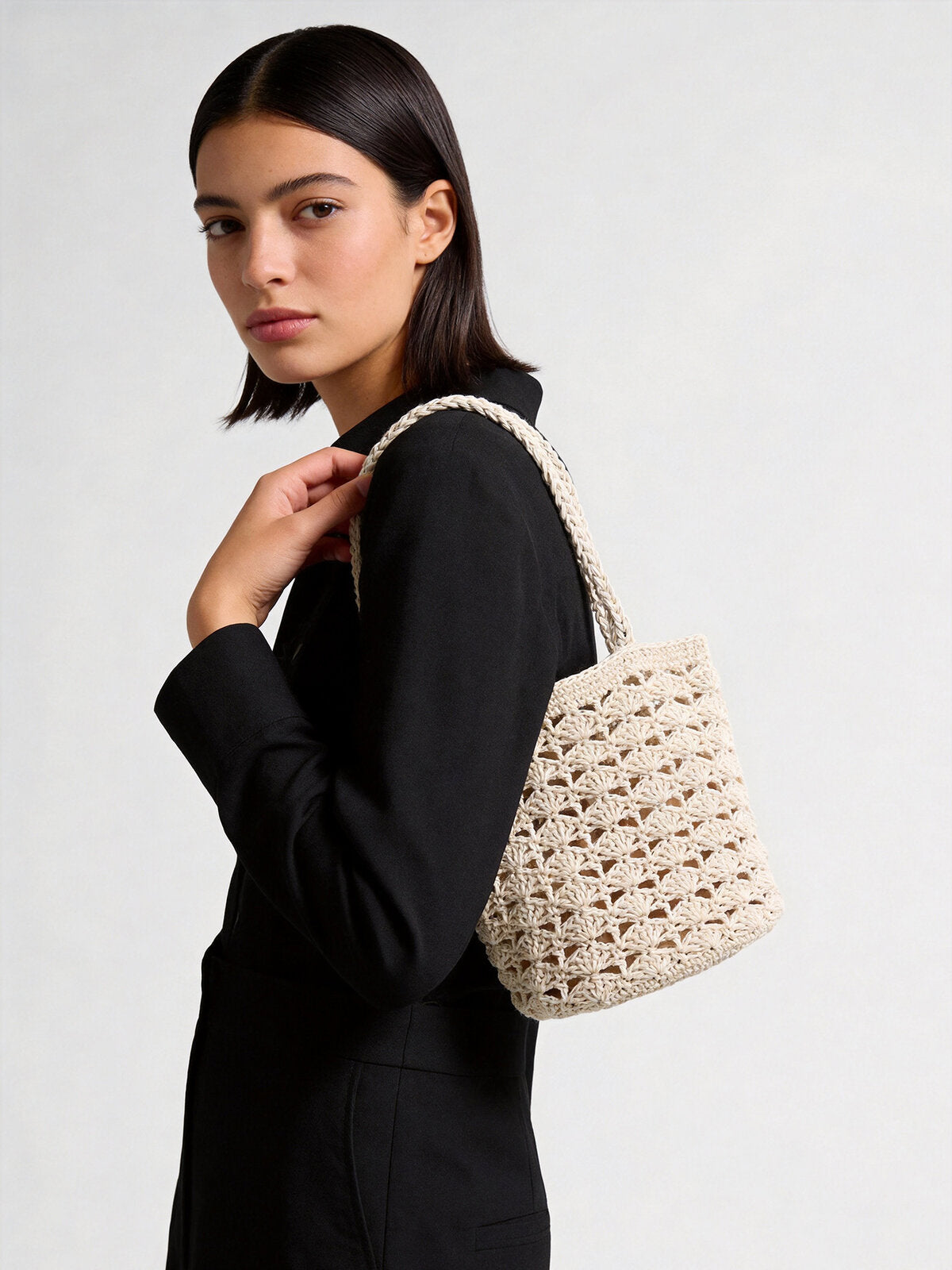Hand-Crocheted Cotton Shell-Stitch Bucket Tote - Ivory