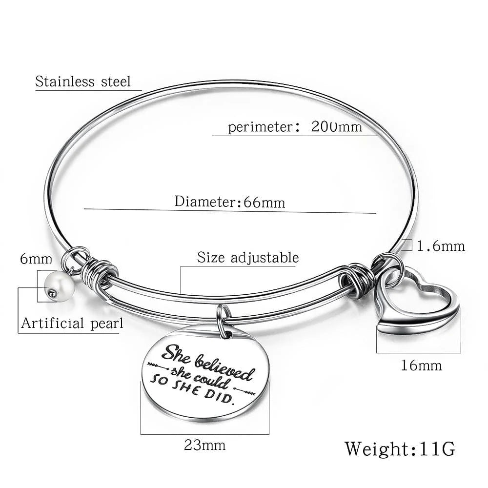Bullion Gold She Believed She Could Heart Charm White Gold Layered Tubular Adjustable Inspirational Bangle