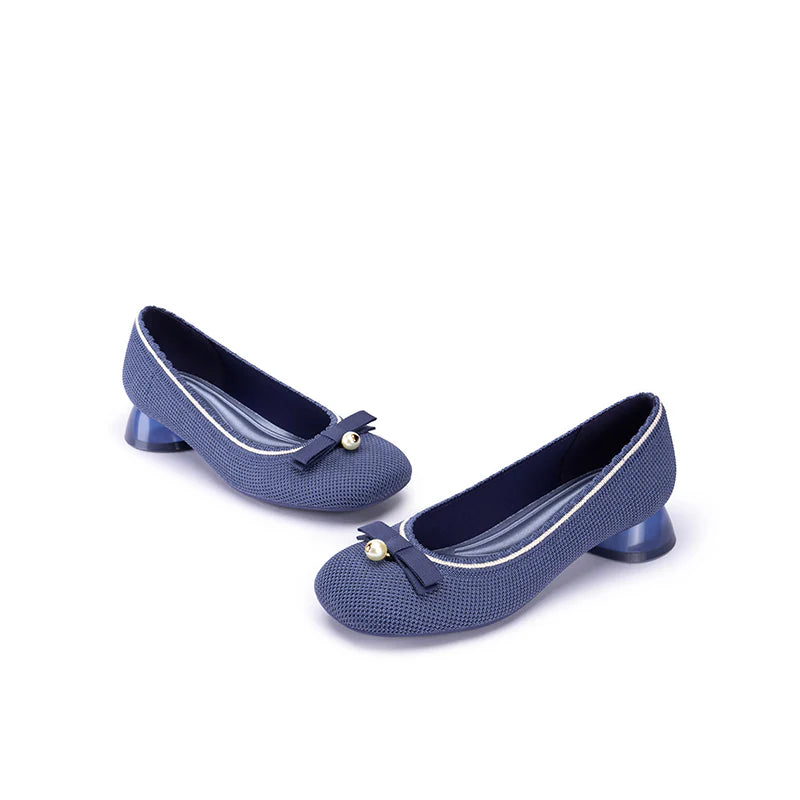 Pearl Bow Knit Square Toe Loafer Pumps - Indigo