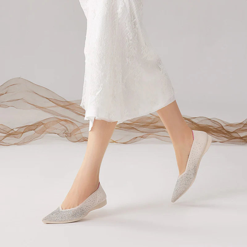Rhinestone Knit Pointed Toe Ballet Flats - White